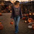 thumbnail image 6 of Womens Halloween Shirt, Floral Skeleton Ribcage Print Bell Sleeve Gothic Blouse, Spooky Season Halloween Costume Top for Women, 6 of 7