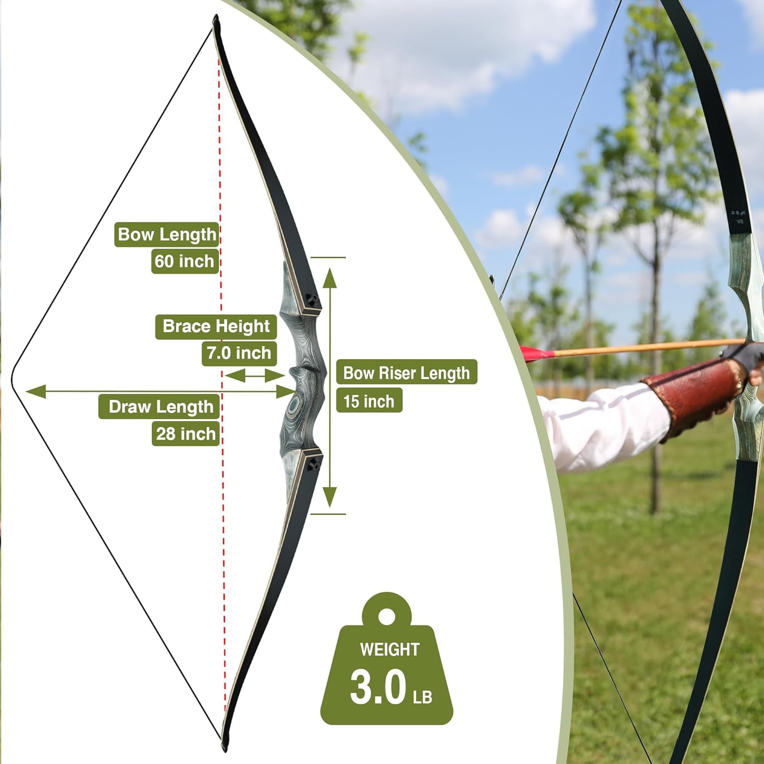 Black Hunter Takedown Longbow  60" Wooden Archery Bow Hunting Bow  RH/LH for Beginner Training Practice 20-60lb（RH-40lbs）