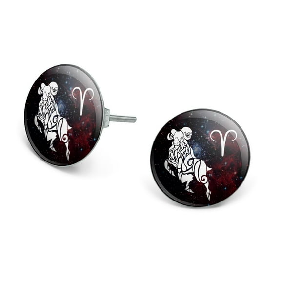 Aries Zodiac Sign Horoscope in Space Novelty Silver Plated Stud Earrings