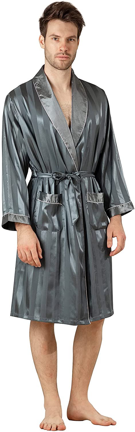 MAGE MALE Men's Summer Luxurious Kimono Soft Satin Robe with Shorts Nightgown Long-Sleeve Pajamas Printed Bathrobes 