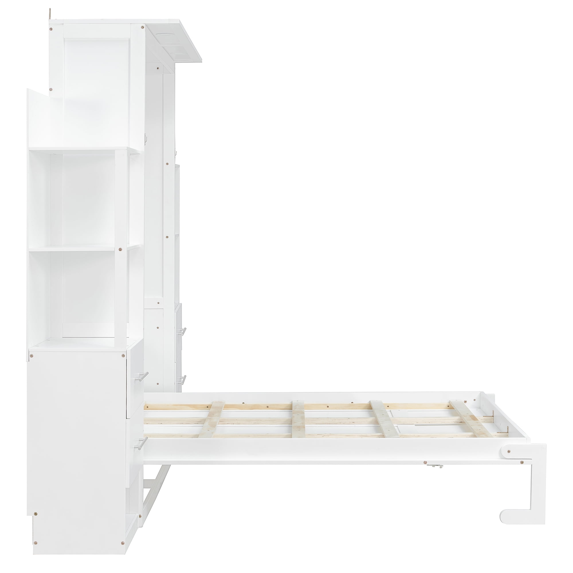 Full Size Murphy Bed with Shelves, 4 Drawers and LED Lights for Space-Saving Guest Room