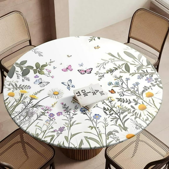 Wild Flower Round Fitted Tablecloth with Elastic Round Elastic Tablecloth 45"-50" Fitted Table Cover Waterproof Wipeable Circle Table Cloth for Outdoor Picnic