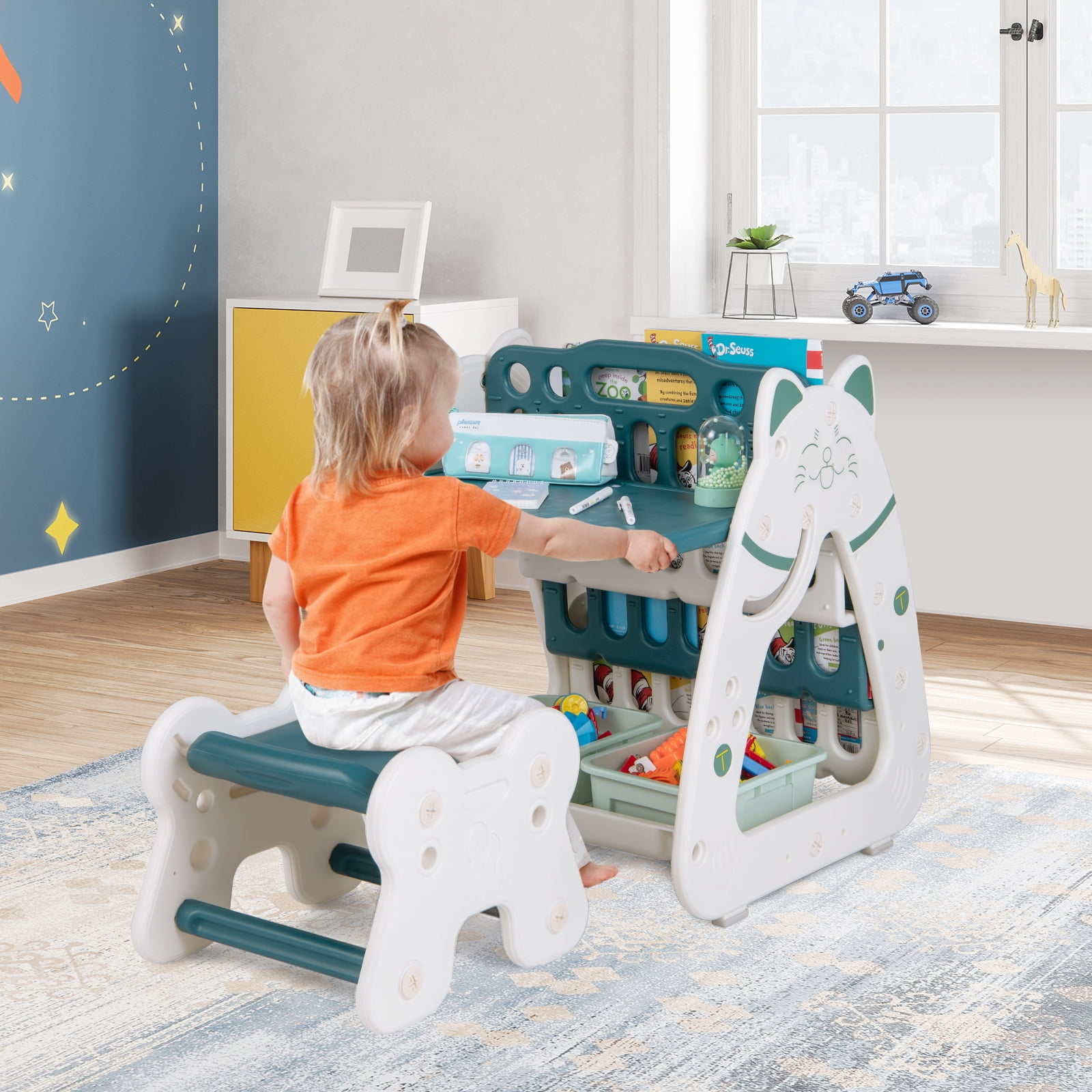 Infans 3-In-1 Kids Art Easel with Stool Magnetic Dry-Erase Board w/ Book Rack Green