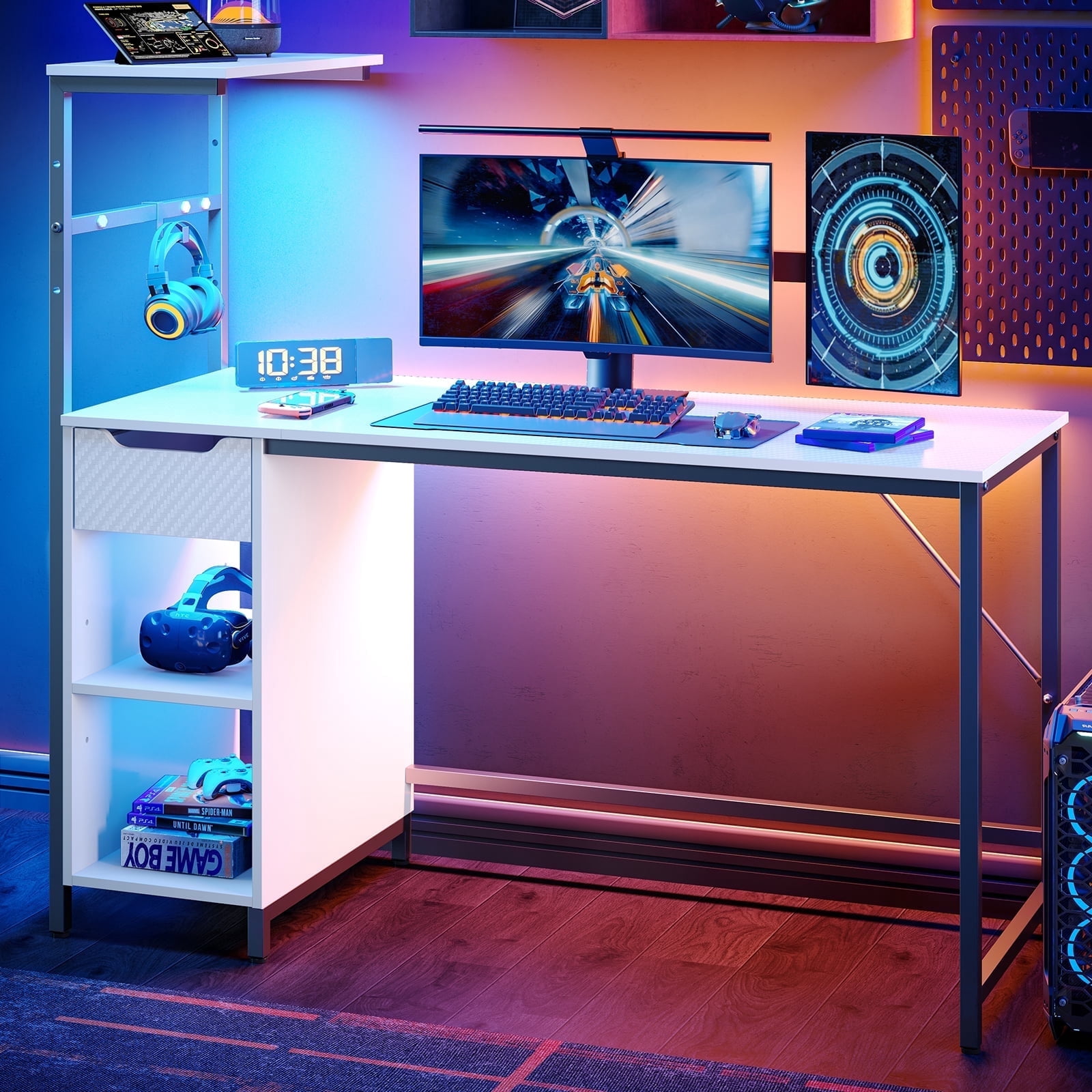 Bestier 48 inch LED Computer Gaming Desk with Drawer, Home Office PC Table with Storage Shelf in White