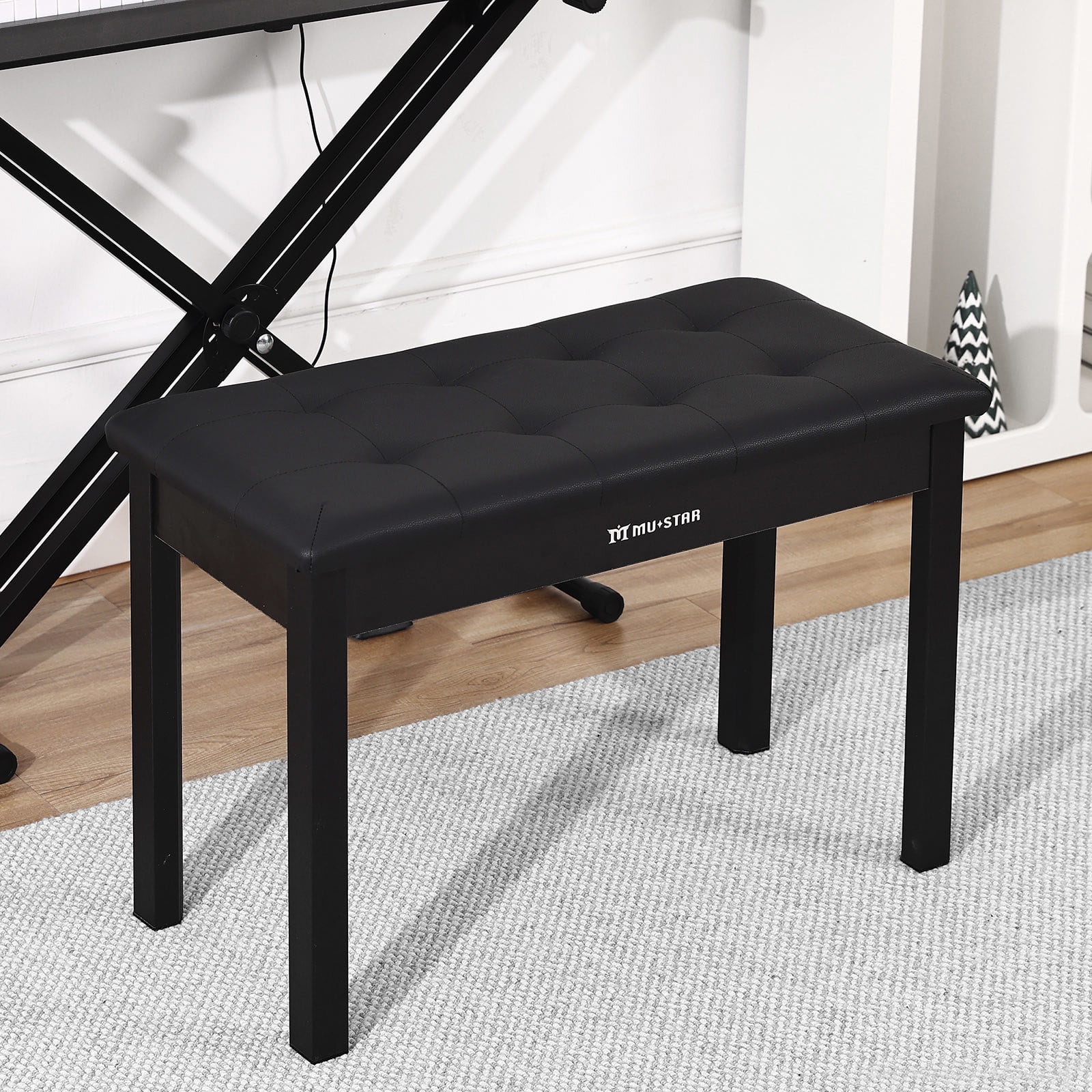 Mustar Duet Piano Bench Wood Stool with Storage, Padded Cushion for Keyboard Piano