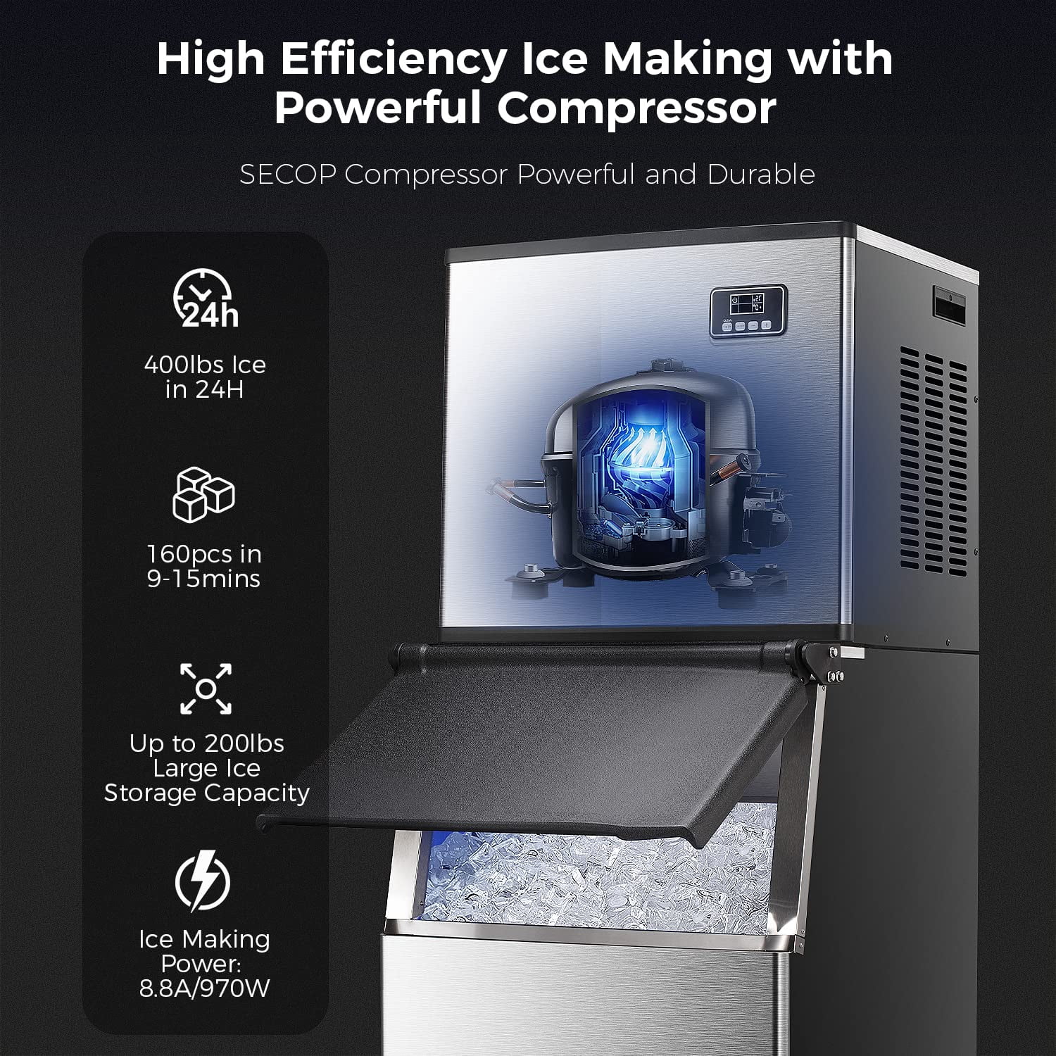 Auseo Commercial Ice Maker, 360 LBS/24H with 200LBS Large Storage Ice Bin, 160PCS in 8-15 Mins, Split Ice Machine with Automatic Cleaning for Large Restaurant/Bars