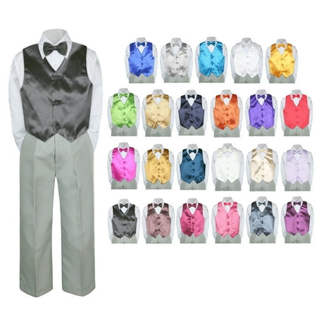 4PC Shirt Gray Pants Vest & Bow tie Set Baby Boy Toddler Kid Formal Suit Sm-7