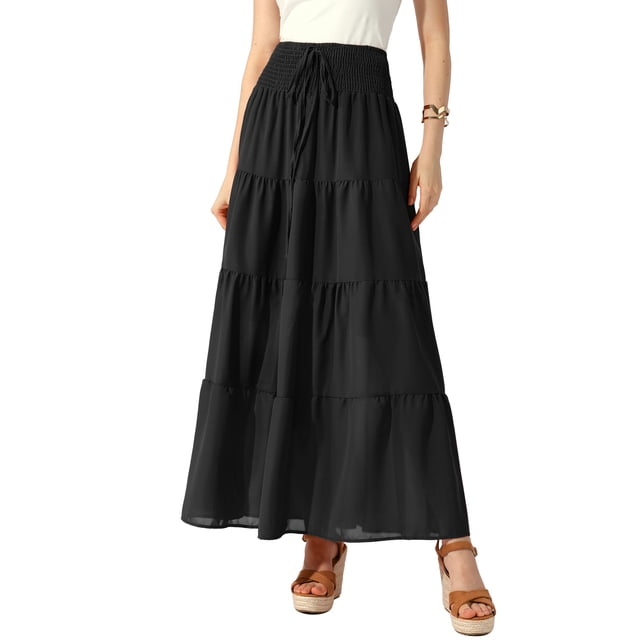 Faldas Boho para Mujeres Inspire Chic, Falda Maxi de Playa con Cintura Elástica Fruncida y Capas, Color Negro
