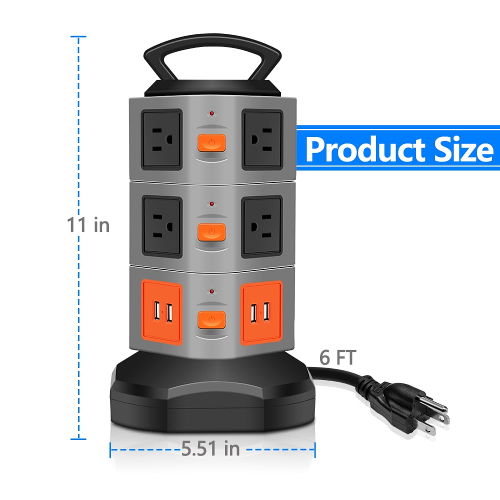 Surge Protector Power Strip, Costech Safety Universal Electric Charging Station; with 10 Outlets 4 USB/Rotating Tower/ 6 feet Cord Wire Extension Power Strip Tower (10 Outlets 4 USB)