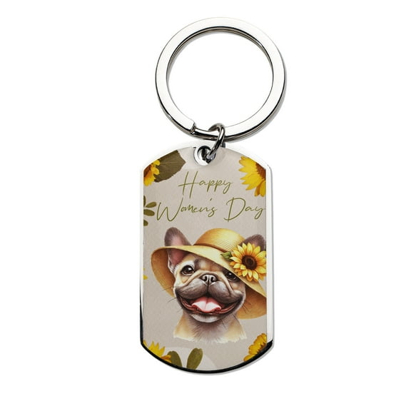 Happy Women's Day French Bulldog Sunflower Vintage Proud Mom Stainless Steel Keychain Dog Lover Gifts Collar Charm Tag Keyring - 02030