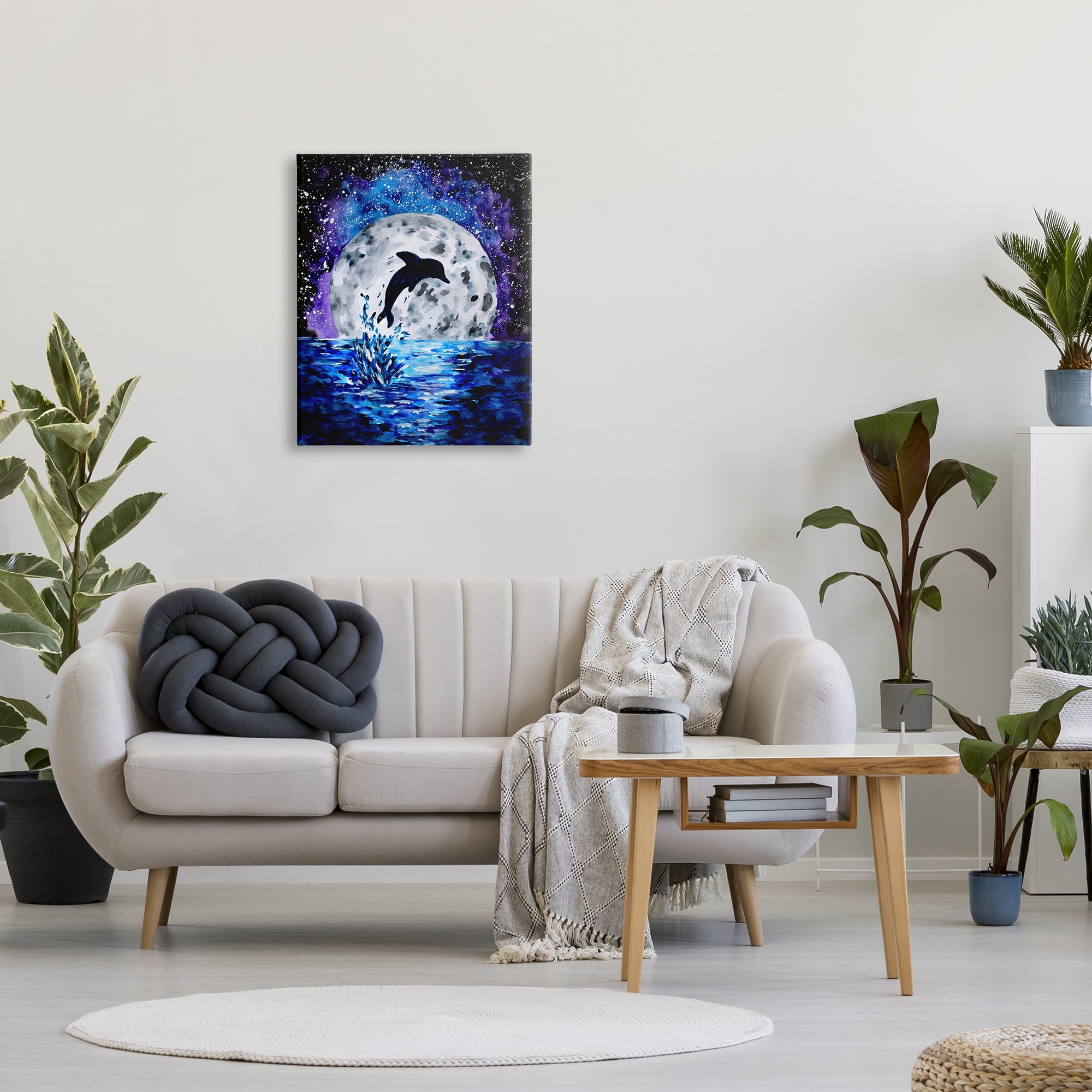 Stupell Industries Dolphin Full Moon Splash Animals & Insects Painting Gallery Wrapped Canvas Print Wall Art, 24 x 30