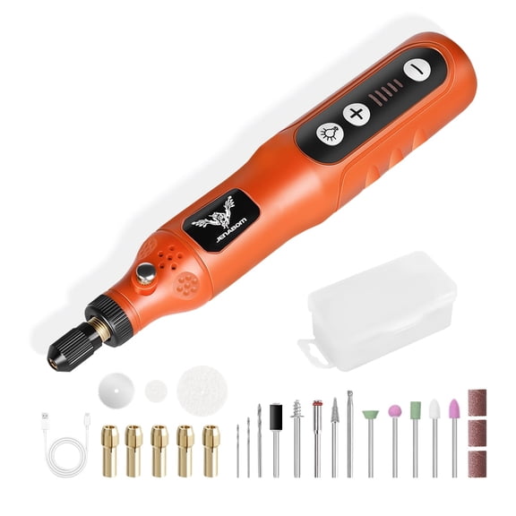 JENABOM Mini Cordless Rotary Tool, 3.7V Electric Rotating Tool, LED Light, 5-Speed 24PCS Accessory Electric Grinder DIY For Polishing, Carving, Orange