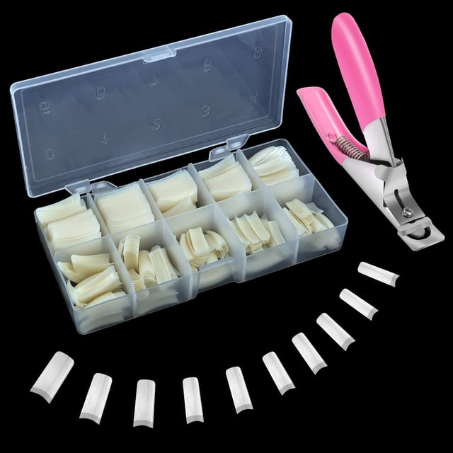 Puntas de uñas acrílicas, 500 piezas de uñas postizas francesas, puntas de uñas postizas naturales con cortaúñas y estuche de almacenamiento para salón de arte de uñas y bricolaje en el hogar (10 tama