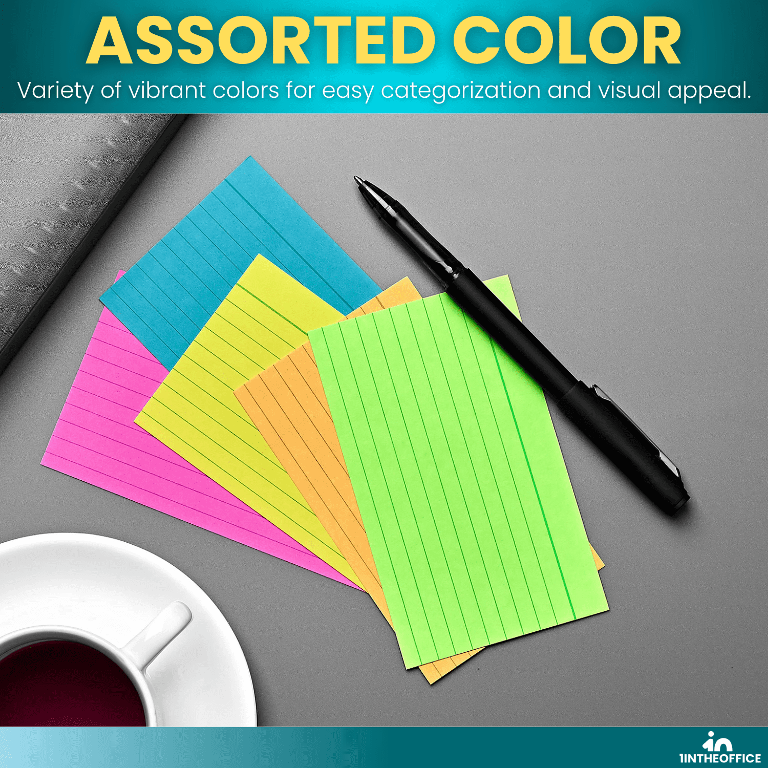 1InTheOffice Ruled Neon Index Cards 3x5, Ruled Index Cards, Assorted Neon Color, 300 Pack