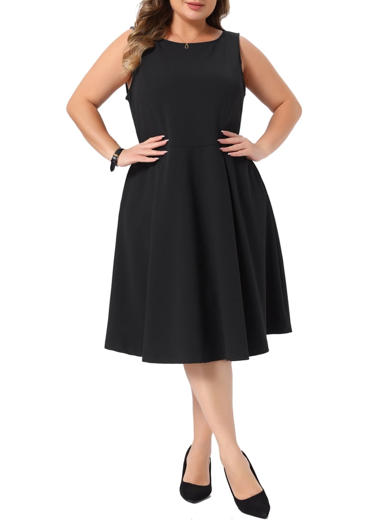 a line black cocktail dress plus size Agnes Orinda Women's Flare A-Line Boat Neck Sleeveless Pleated Office Work Dresses with Pockets 3X Open Back Pearl Mini Off the Shoulders Size:0/3mo 24.6 2X