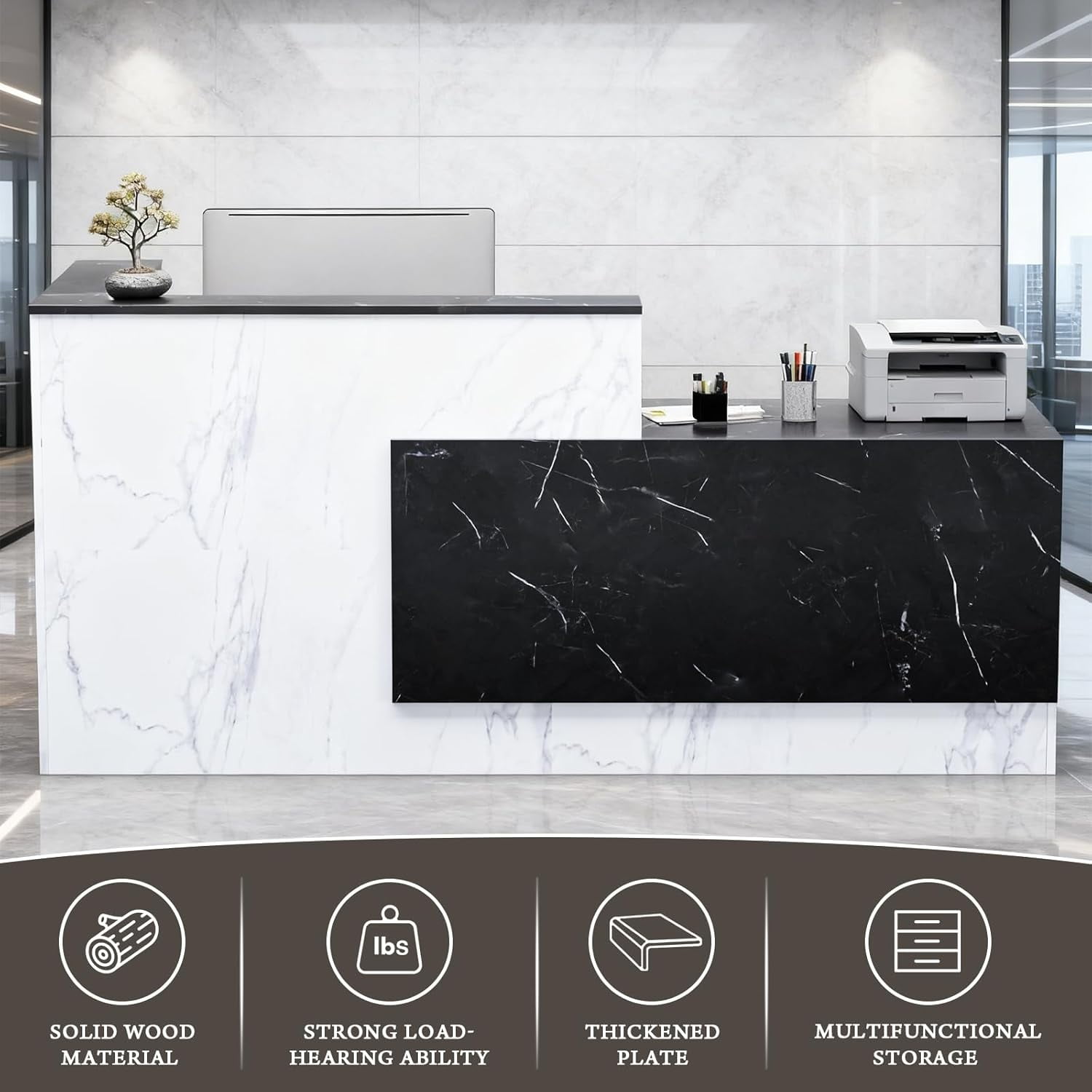 Vakiorn Reception Desk with Lockable Drawers 71x24x41in L Shaped Wooden Storage Keyboard Tray Right Black and White
