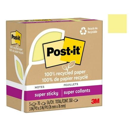 (2 pack ) Post-it Recycled Super Sticky Notes Made with 100% Recycled Paper 3 in x 3 in Canary Yellow 5 Pads