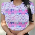 thumbnail image 1 of RWJDXD Chemises Décontractées d'Été pour Femmes Mode Urbaine Manches Courtes Crop Tops Imprimé Chat Hello Kitty Col Rond Ajusté T-Shirts, 1 of 5