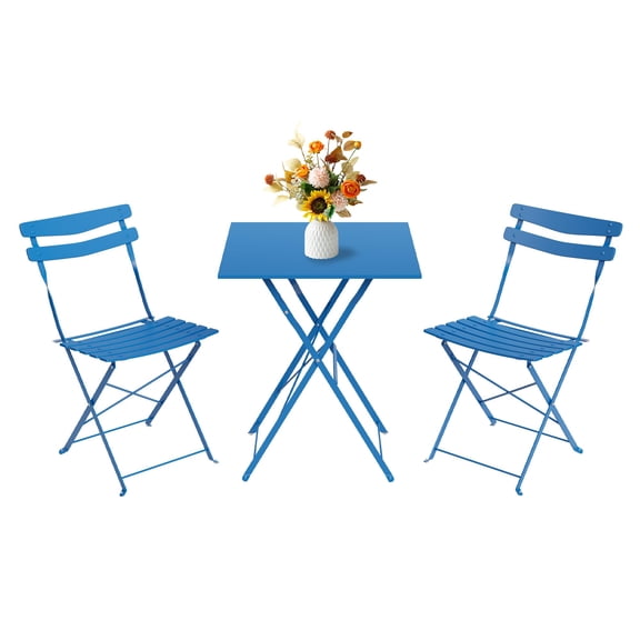 3 Piece Patio Bistro Set, Folding Patio Bistro Table and Chairs Set of 2, Outdoor Patio Furniture Set, Metal Structure, No Assembly Need, for Balcony Yard Garden, Blue