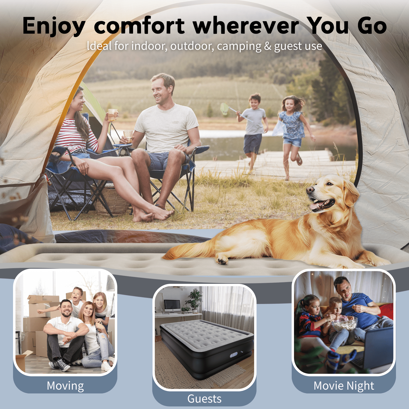 Full 18" Top Flocking Air Mattress with Built-in Pump Raised Comfort,Fast Inflation/Deflation Foldable Portable Air Bed with Storage Bag for Home,Camping,Guests Grey