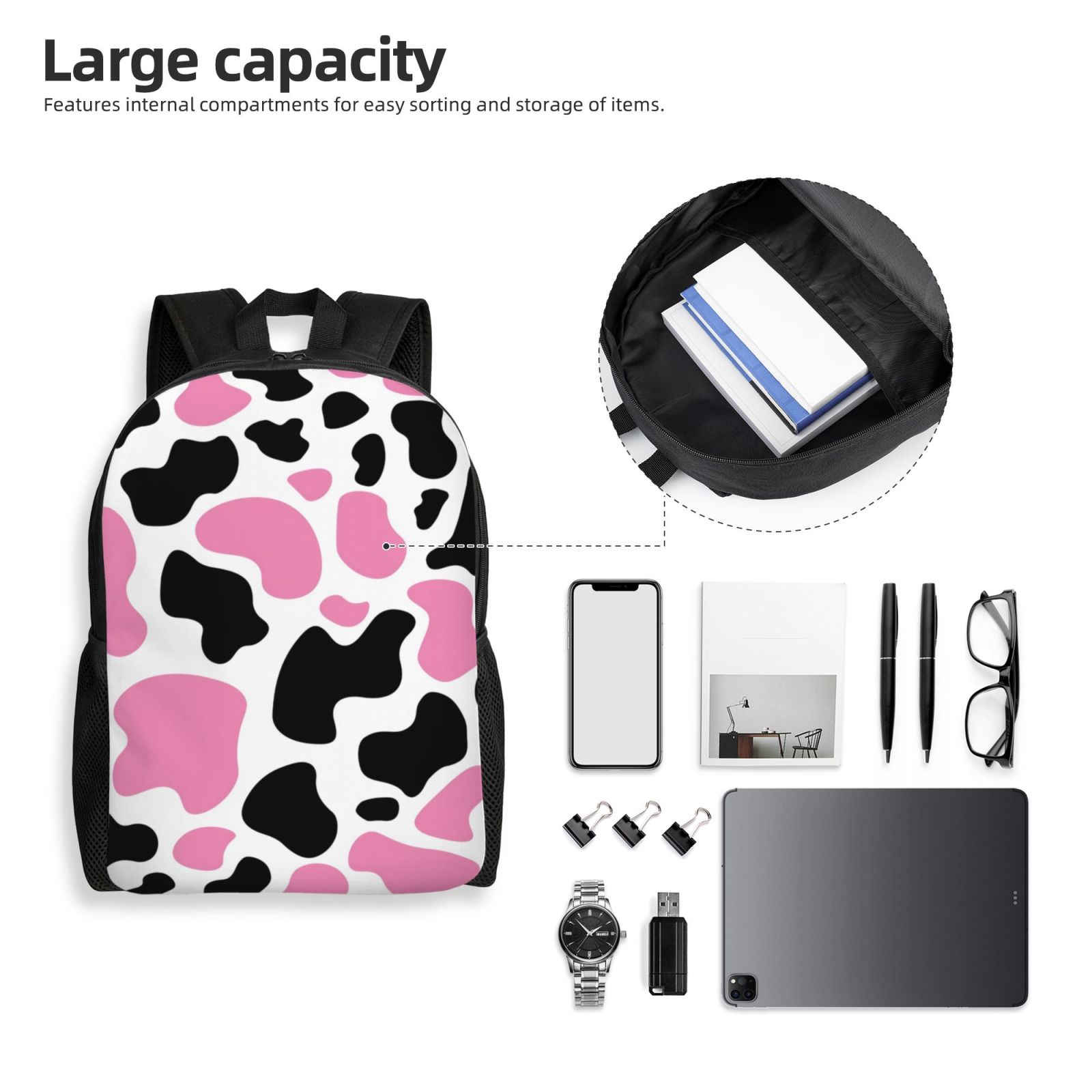 Xecao Cow Spots Print School Backpack with Laptop Compartment Small Travel Laptop Backpack for Women Men Waterproof College Backpack Simple School Bag