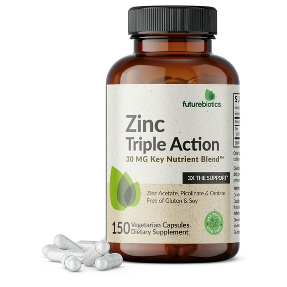Futurebiotics Zinc Triple Action 30mg Key Nutrient Blend Immune Support Zinc Supplement with Zinc Acetate, Picolinate & Orotate - Immune, Antioxidant & Skin Health Support, 150 Vegetarian Capsules