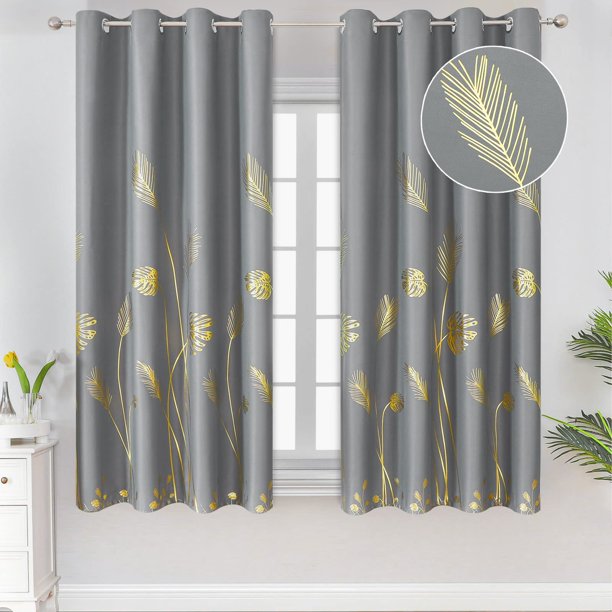 Cortinas opacas Estelar Textiler, color dorado, hoja de palma, color gris, 130 x 160 cm