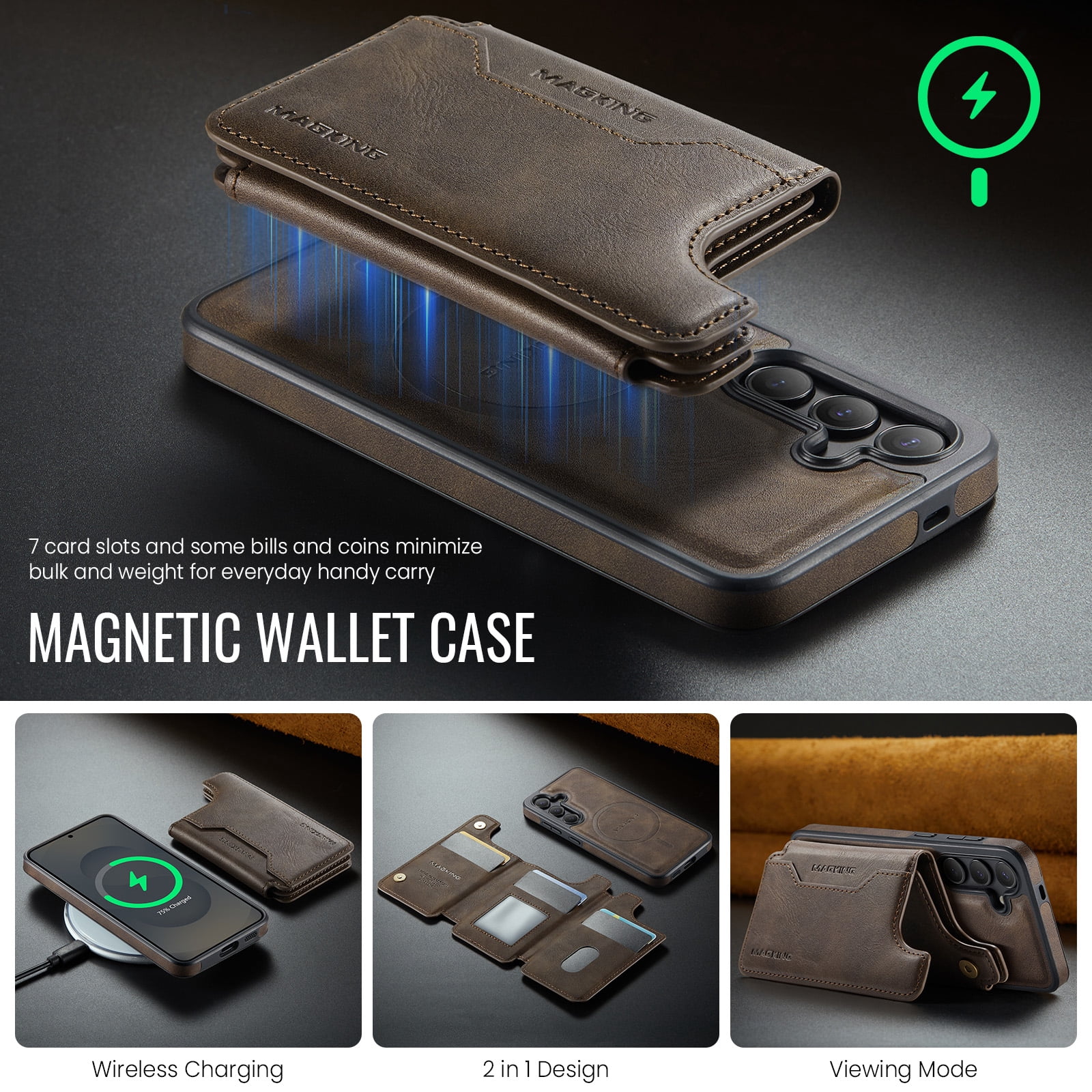 Designed for Samsung Galaxy S25 Wallet Phone Case,Magnetic Detachable Flip Card Holder,Back Flip Kickstand,Compatible with Mag-Safe,2-in-1 PU Leather Heavy Duty Shockproof Phone Case,Coffee