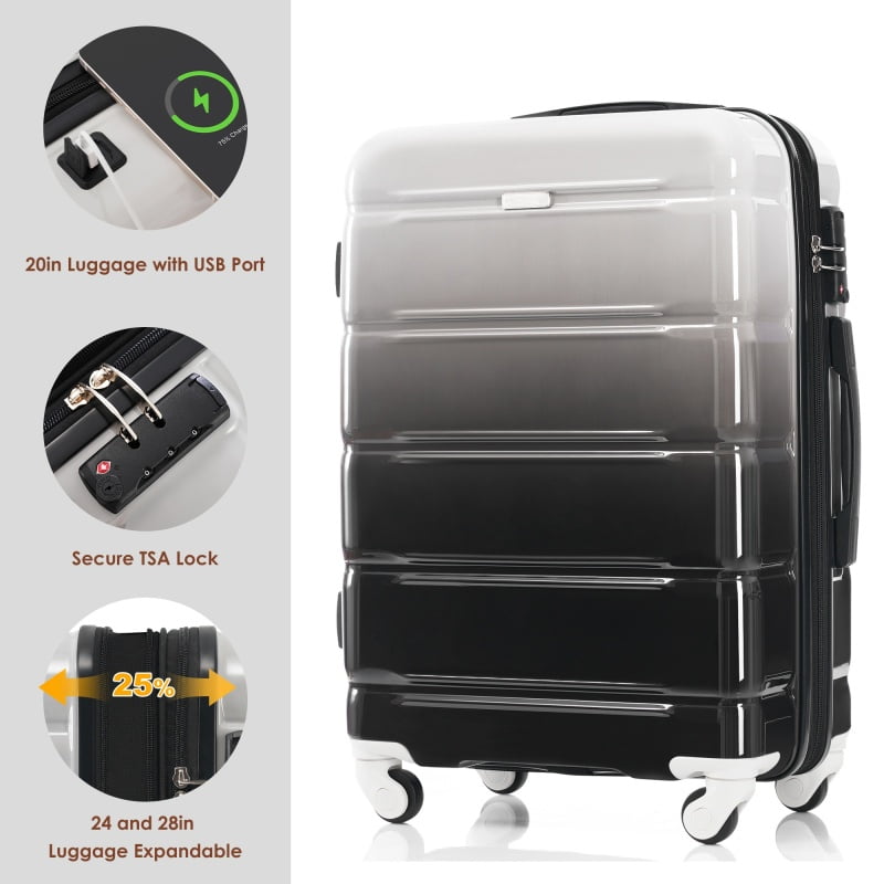 Luggage Set of 3, 20-inch with USB Port, Airline Certified Carry-on Luggage with Cup Holder, ABS PC Hard Shell Luggage with Spinner Wheels, Gradient Blue