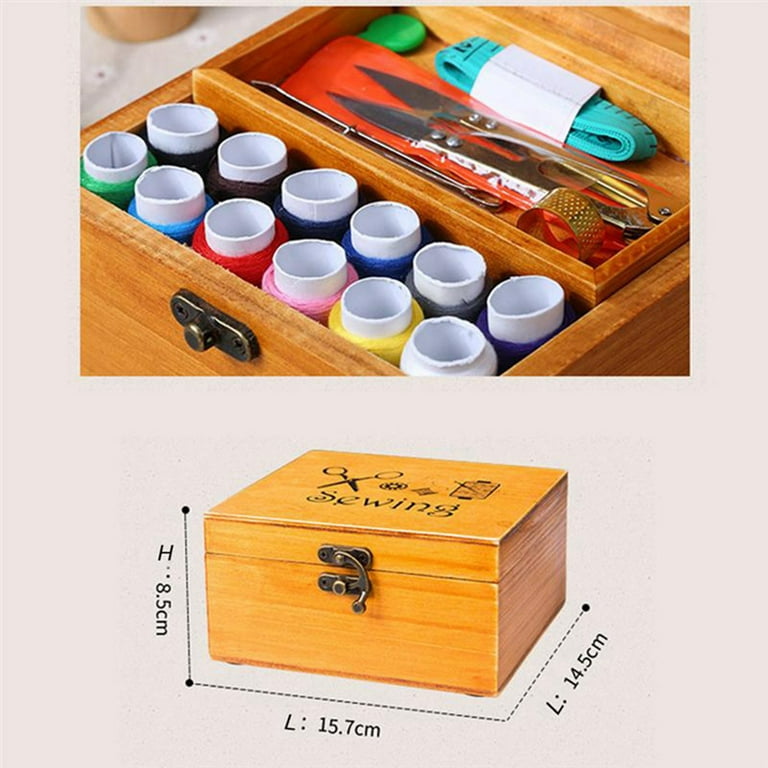2X Wooden Sewing Box Sewing Accessories Supplies Kit Workbox for Mending 