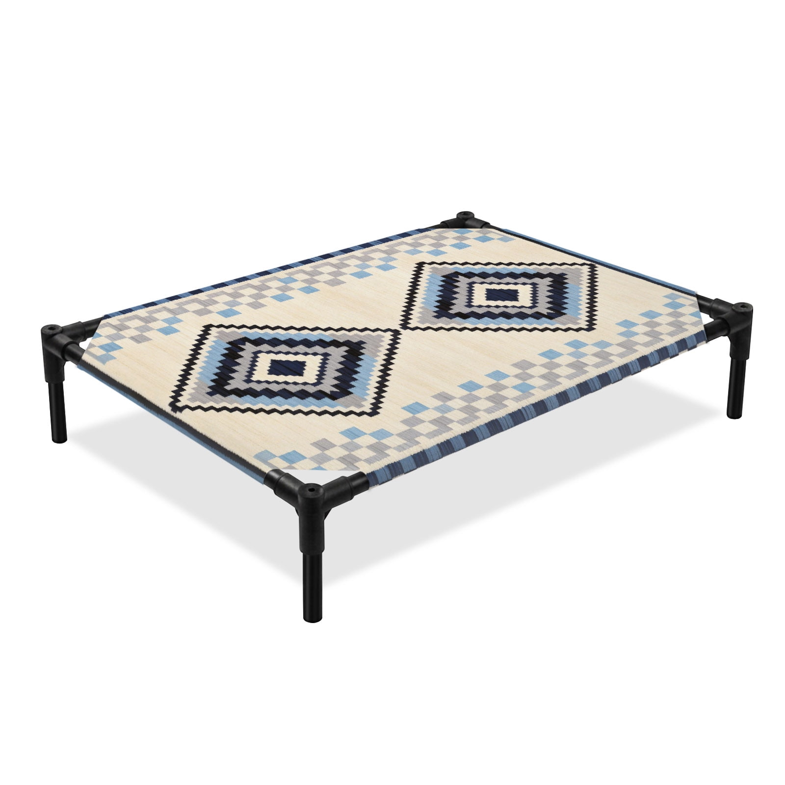 Bohemian Elevated Dog Bed Retro Rhombus Tribal Style Blue Boho Geometric Cooling Breathable Outdoor Raised Dog Cot Bed with Metal Frame Non-Slip Feet for Medium Dog 24x20in