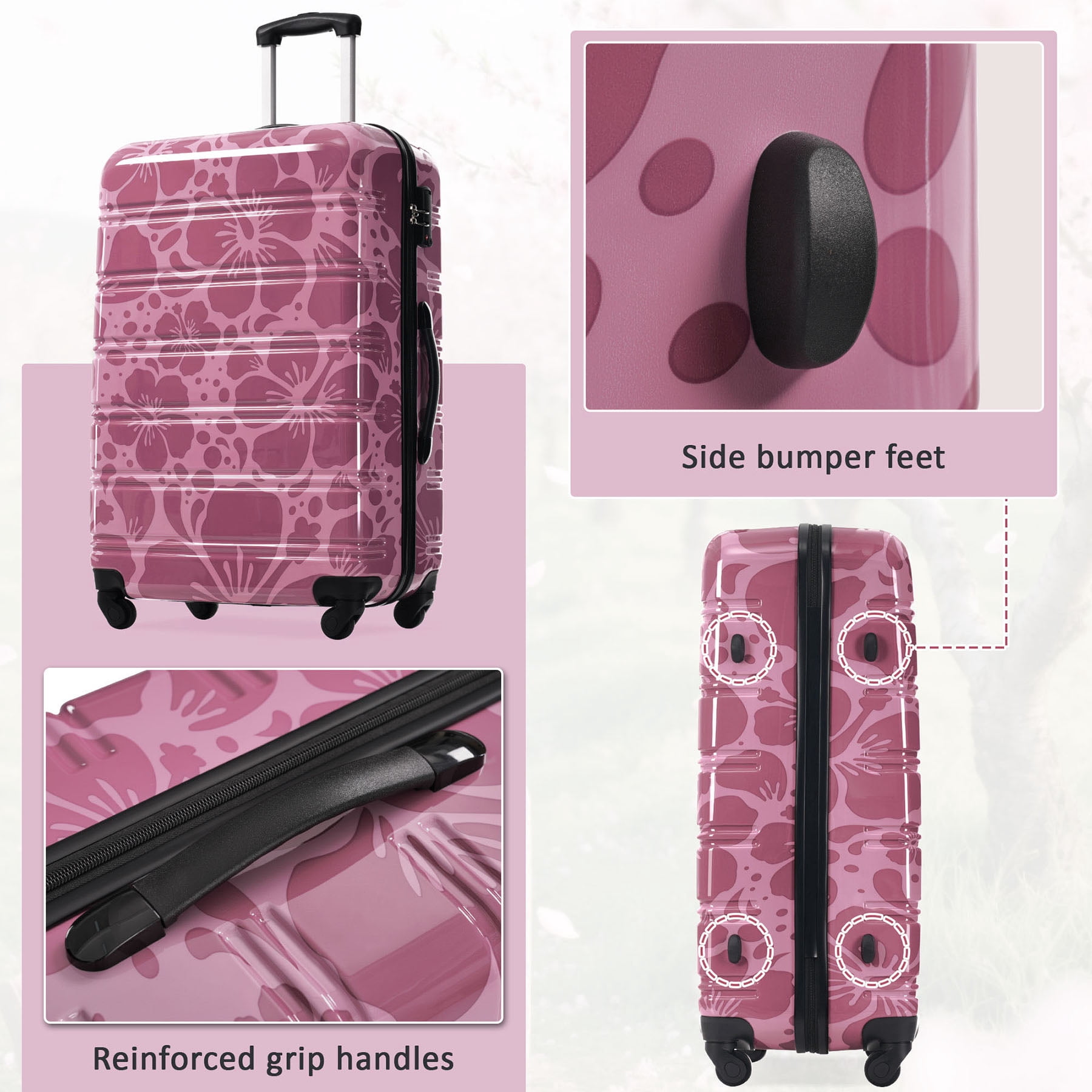S-HOME Three Piece Lightweight Hardshell Luggage Set with Side Mounted TSA Lock and Rolling Wheels 20" 24" 28", Pink Purple