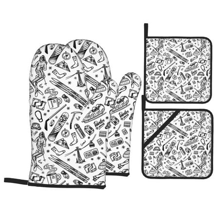 

Oven Mitts and Pot Holders 4 pcs Set winter Ski Element Heat Resistant Pot Holders Oven Mitts for kitchen Non-Slip Hanging Loop Oven Glove Potholders for Baking Cooking
