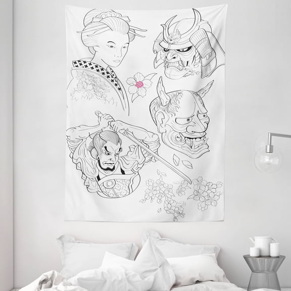 Kabuki Mask Decoration Tapestry, Samurai Warrior Japanese Woman Portrait Drawings Sakura Blooms, Wall Hanging for Bedroom Living Room Dorm Decor, 60W X 80L Inches, Black White Pink, by Ambesonne