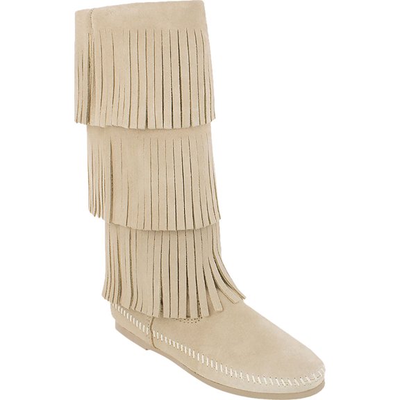 Women's Minnetonka 3 Layer Fringe Boot Stone Suede 5 M
