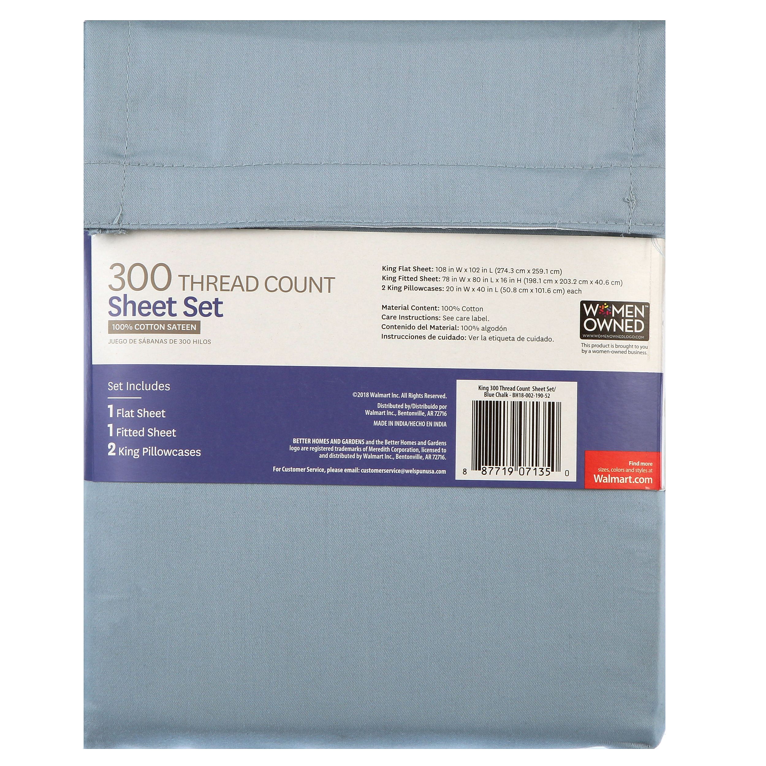 Better Homes & Gardens 300 Thread Count 100% Cotton Wrinkle Resistant Sheet Set, King Blue Chalk