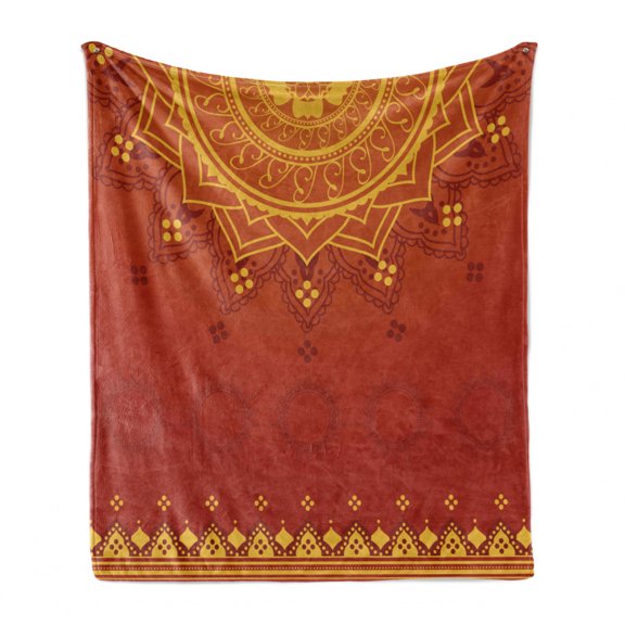 Lotus Soft Flannel Fleece Throw Blanket, Background with Moroccan Traditional Featured Symbolic Boho Effect, Cozy Plush for Indoor and Outdoor Use, 70" x 90", Marigold Orange, by Ambesonne