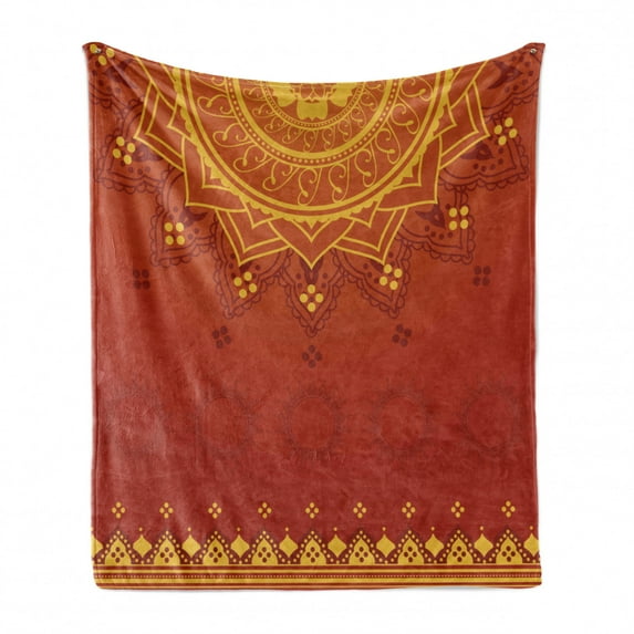 Lotus Soft Flannel Fleece Throw Blanket, Background with Moroccan Traditional Featured Symbolic Boho Effect, Cozy Plush for Indoor and Outdoor Use, 50" x 70", Marigold Orange, by Ambesonne