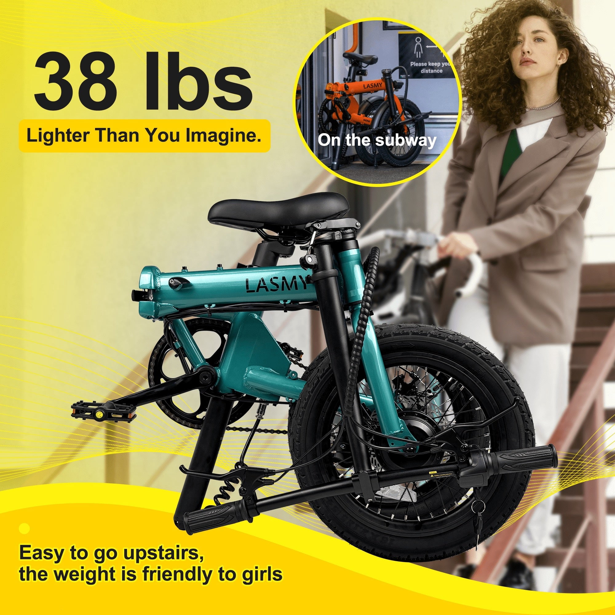 LASMY 250W Mini Folding Ebike, Lightweight Electric Bike for Adults, 36V Battery, 16 MPH, Compact City Commuter Bicycle