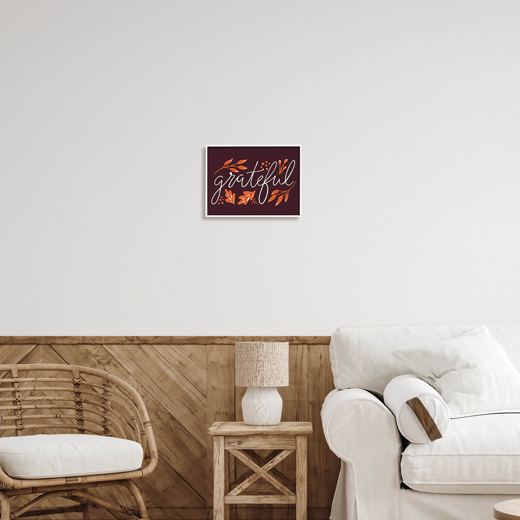 Grateful Autumnal Leaves Phrase Holiday Graphic Art White Framed Art Print Wall Art