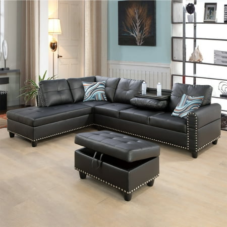 Aukfa 3 Piece Leather Sectional Sofa with Storage Ottoman for Living Room, 2 Cup Holders, Left Hand Chaise, Black
