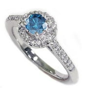 5/8ct Blue Diamond Pave Halo Ring 14K White Gold