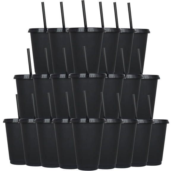 24 Pack Plastic Tumblers with Lids and Straws, Reusable Cups with Lids Plastic Colorful Cups for Parties Birthdays, Iced Coffee Cup Cold Drink Cups Bulk Tumblers (24 oz, Stylish Colors-Black)