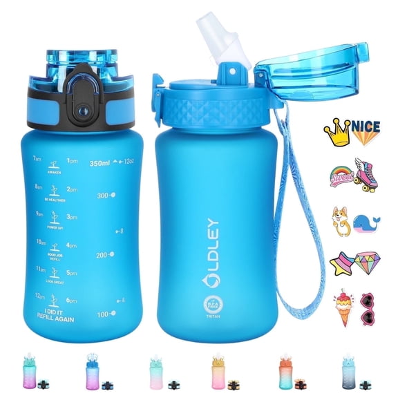 Oldley Leak-Proof 12 oz Blue Printed Tritan Plastic Water Bottle with 2 Lids and Straw