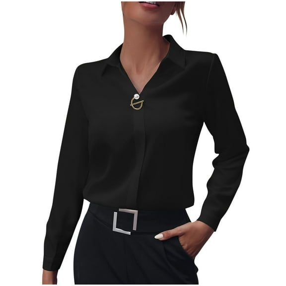 Maean Women V Neck Satin Blouse Collared Dressy Business Long Sleeve Tops Silky Work Office Shirts
