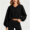 thumbnail image 4 of hoksml Women's Cropped Sweatshirt, V-Neck Balloon Long Sleeve Oversized Pullover Top with Loose Fit, Solid Color Casual Activewear, 4 of 6