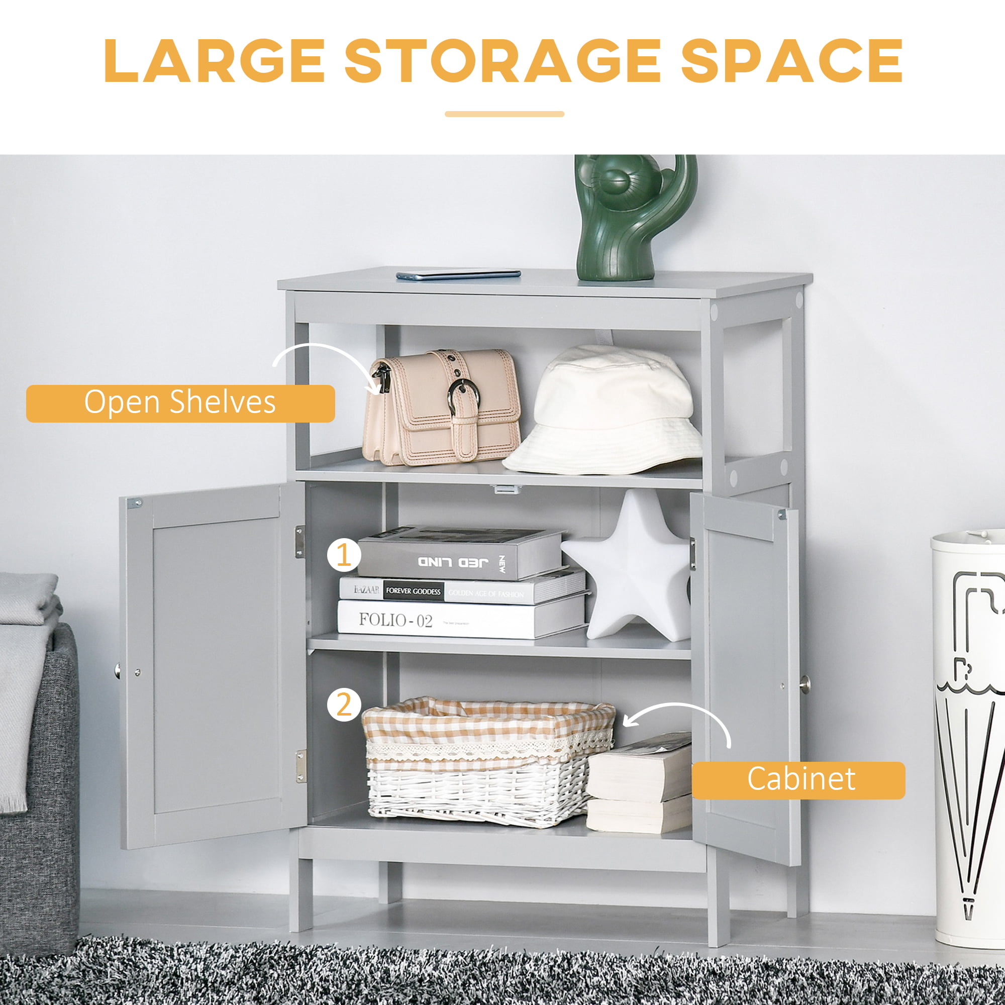 kleankin Freestanding Bathroom Storage Cabinet Organizer Cupboard with Double Doors - Grey