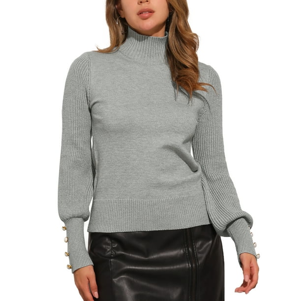 TOP CHIC INSPIRADO para Mujeres, Suéter de Pullover de Cuello Alto y Manga Larga, Tejido Acanalado, XL Gris