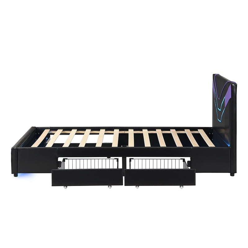 Twin Size Upholstered Gaming Bed Frame with LED Lights, PU Leather Platform Bed with Storage Shelf, 2 Steel Drawers, Purple