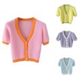 thumbnail image 4 of ZAXARRA Women Color Block Crop Top, Short Sleeve V-Neck Button Down Cardigan, 4 of 6